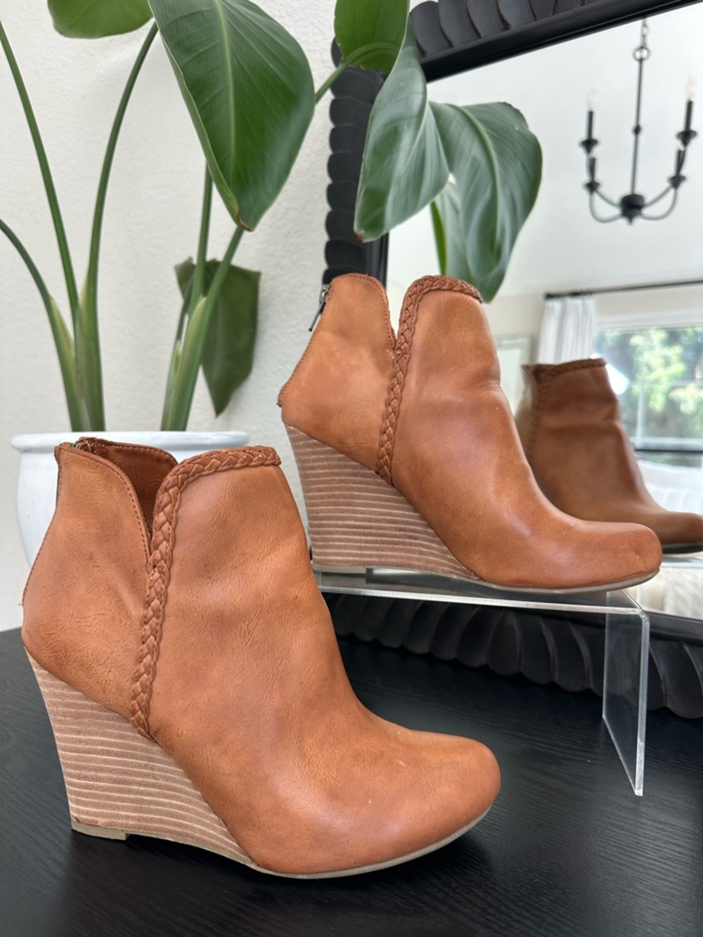 Report Cognac Braided Trim Wedge Ankle Boots